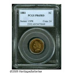 1881 1C PR65 Red PCGS. Peach and gold hues endow 