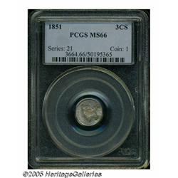 1851 3CS MS66 PCGS. Splashes of rose, yellow, vio