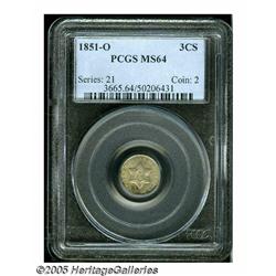 1851-O 3CS MS64 PCGS. Olive, pearl-gray, and russ