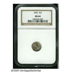1854 3CS MS64 NGC. Silver-gray surfaces are overl