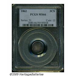 1862 3CS MS66 PCGS. Sharply struck with dark turq