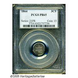 1864 3CS PR65 PCGS. Apple-green, peach, and ocean