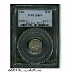 1868 3CN MS66 PCGS. Gentle powder-blue and chestn