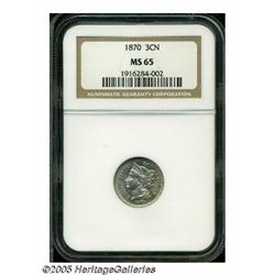 1870 3CN MS65 NGC. A nicely struck and satiny Gem