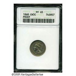 1868 3CN PR65 ANACS. Rich apricot patina embraces