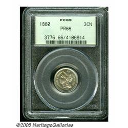 1880 3CN PR66 PCGS. Streaks of golden-brown color