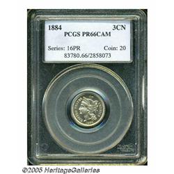 1884 3CN PR66 Cameo PCGS. Light honey patina invi