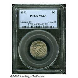 1872 5C MS66 PCGS. Satiny overall with a prominen