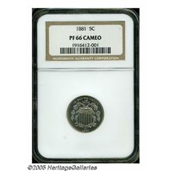 1881 5C PR66 Cameo NGC. Lightly toned in tan-gold