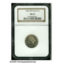 1883 5C No Cents MS67 NGC. A moderately prooflike