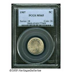 1907 5C MS65 PCGS. Sharply struck with frosty lus
