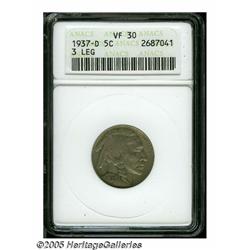 1937-D 5C Three-Legged VF30 ANACS. A mid-grade ex