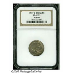1937-D 5C Three-Legged AU50 NGC. FS-020.2. A ligh