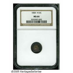 1858 H10C MS64 NGC. Aquamarine and rose hues endo
