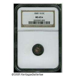 1860 H10C MS65 S NGC. Blue-green and light mauve 