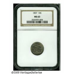 1857 10C MS63 NGC. Dappled apple-green and plum c