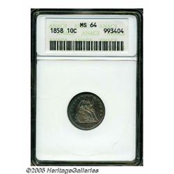 1858 10C MS64 ANACS. Lovely sea-green, plum, and 