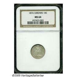 1874 10C Arrows MS64 NGC. A pearl-gray near-Gem, 