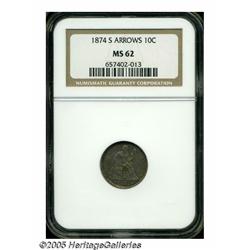 1874-S 10C Arrows MS62 NGC. A deep layer of origi