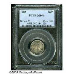 1887 10C MS64 PCGS. A pleasing mixture of golden-