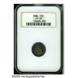 1884 10C PR65 NGC. Vivid electric-blue, ruby, and