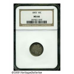 1893 10C MS66 NGC. Dappled forest-green and rose-