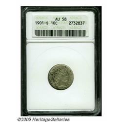1901-S 10C AU58 ANACS. Smooth surfaces exhibit li