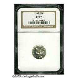 1938 10C PR67 NGC. Light gold and sky-blue tints 