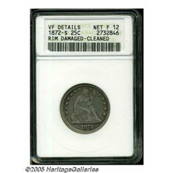1872-S 25C --Rim Damaged, Cleaned--ANACS. VF Deta