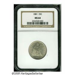 1881 25C MS64 NGC. Business strike Quarter produc