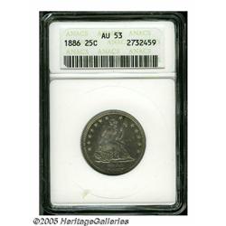 1886 25C AU53 ANACS. Silvery surfaces display tra