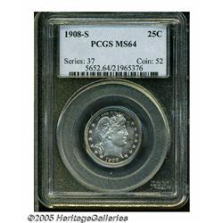 1908-S 25C MS64 PCGS. Peripheral cobalt-blue and 