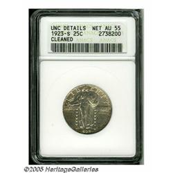 1923-S 25C --Cleaned--ANACS. Unc Details, Net AU5