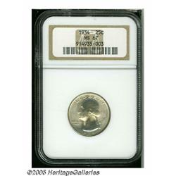 1934 25C Medium Motto MS67 NGC. A light film of s