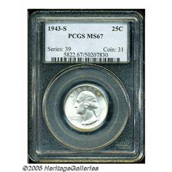 1943-S 25C MS67 PCGS. This '43-S displays flashy 