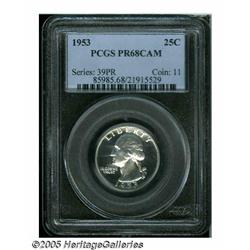1953 25C PR68 Cameo PCGS. This brilliant cameo fe