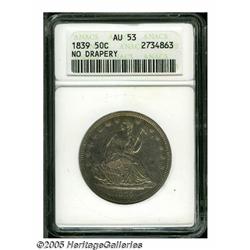 1839 50C No Drapery AU53 ANACS. Originally toned 