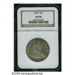 1849 50C AU58 NGC. Speckled russet and green peri