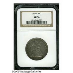 1850 50C AU50 NGC. Medium magenta-gray surfaces d