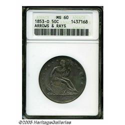 1853-O 50C Arrows and Rays MS60 ANACS. This piece