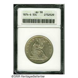 1874-S 50C Arrows AU58 ANACS. Bright, silver-gray