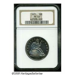 1871 50C PR63 NGC. Bright proof surfaces exhibit 