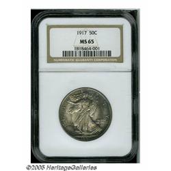 1917 50C MS65 NGC. Medium gray and sky-blue patin