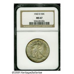1943-D 50C MS67 NGC. Touches of gold and pale vio