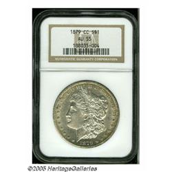 1879-CC S$1 AU55 NGC. Light gold and sea-green co