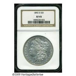 1892-S S$1 XF45 NGC. Bright silvery surfaces disp
