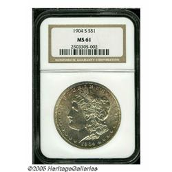 1904-S S$1 MS61 NGC. Splashes of plum and navy-bl