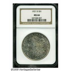 1921-D S$1 MS66 NGC. Dappled apple-green and gold
