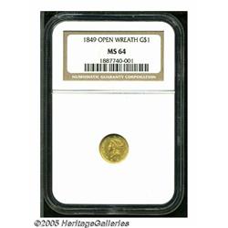1849 G$1 Open Wreath MS64 NGC. Large Head, with L