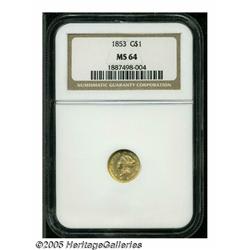 1853 G$1 MS64 NGC. Sharply struck with excellent 